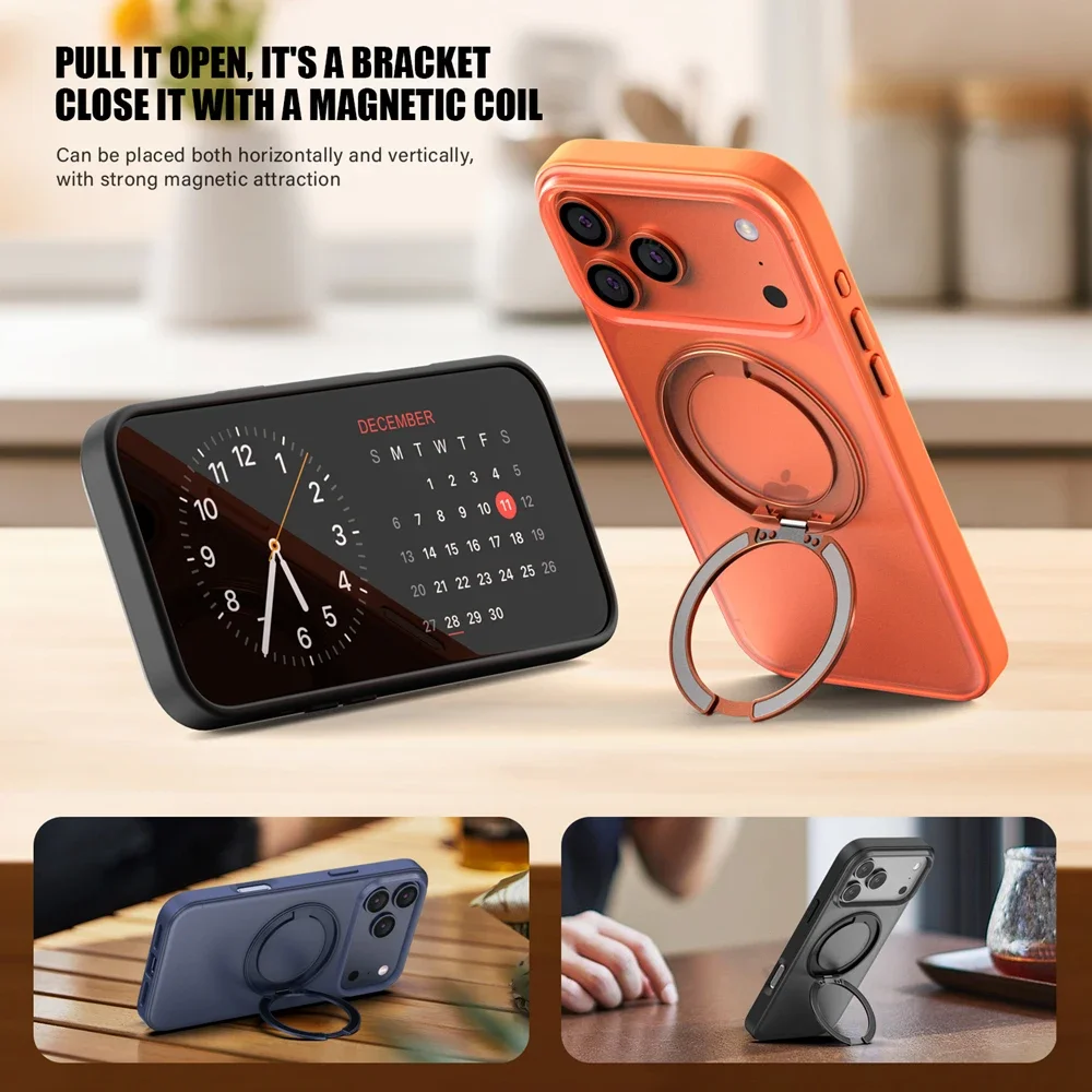 

360 ° Чехол-подставка с вращающимся магнитным кольцом для MagSafe для iPhone 17 Pro Max 17 Air, матовый прозрачный противоударный чехол для телефона