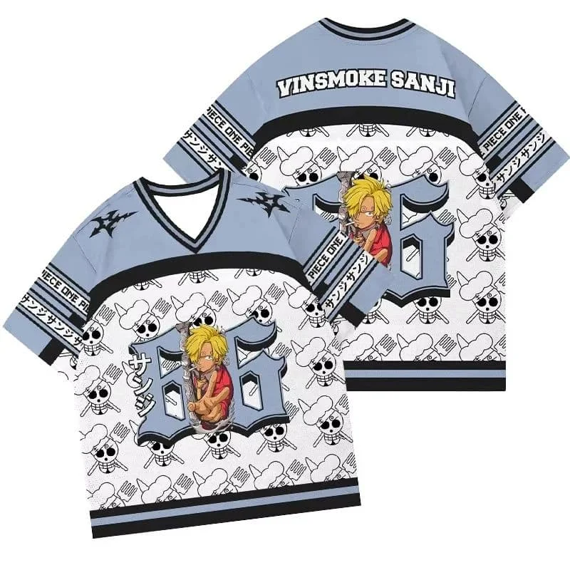 

Винсмоук Санджи из One Piece # Футболка-джерси с V-образным вырезом и коротким рукавом в стиле аниме, повседневная уличная одежда, футбольная/бейсбольная форма для фанатов аниме
