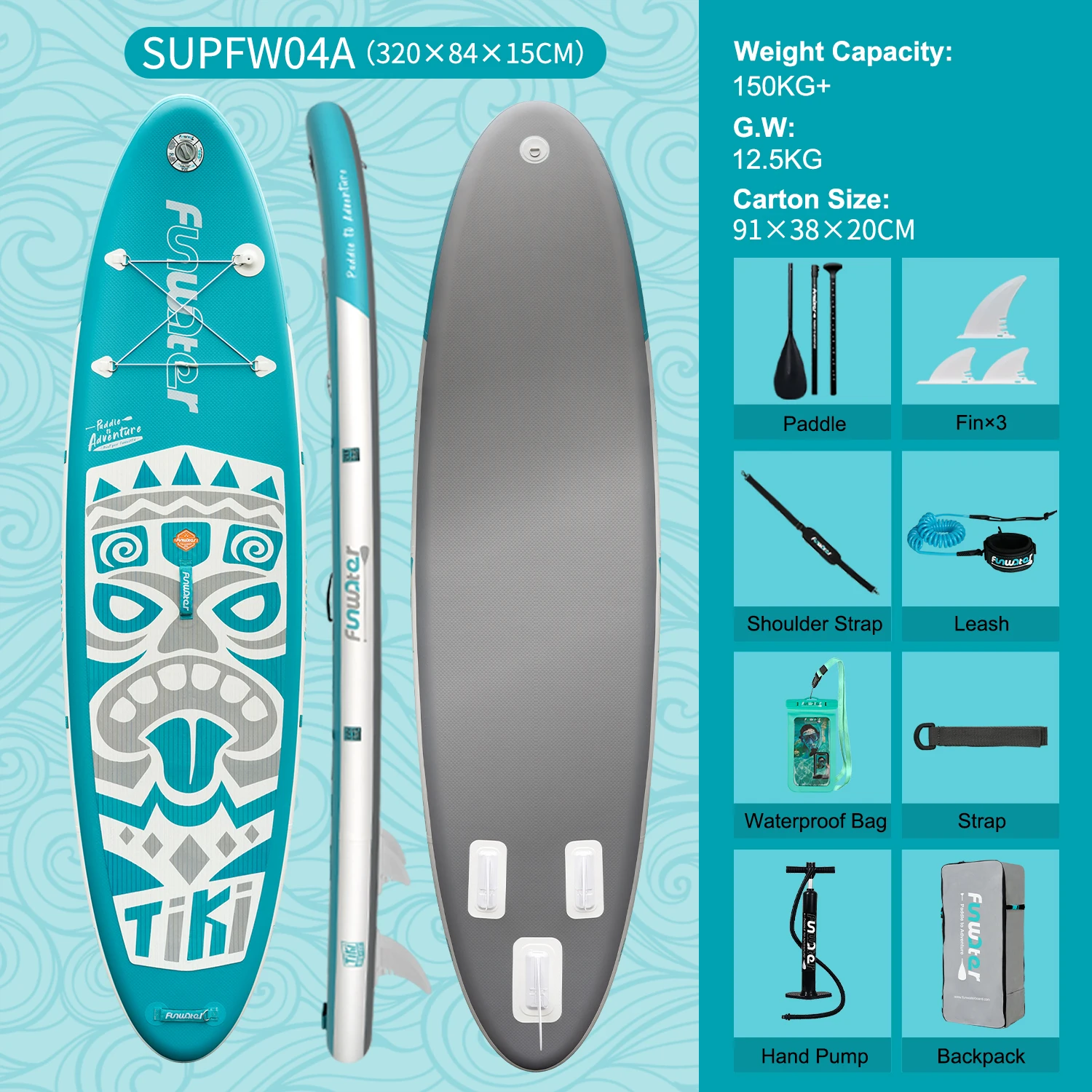 Funwater 320cm Aufblasbares SUP-Board 10'6" Stand-Up-Paddleboard Tiki-Design mit Kamerahalterung und Schultergurt-Set"