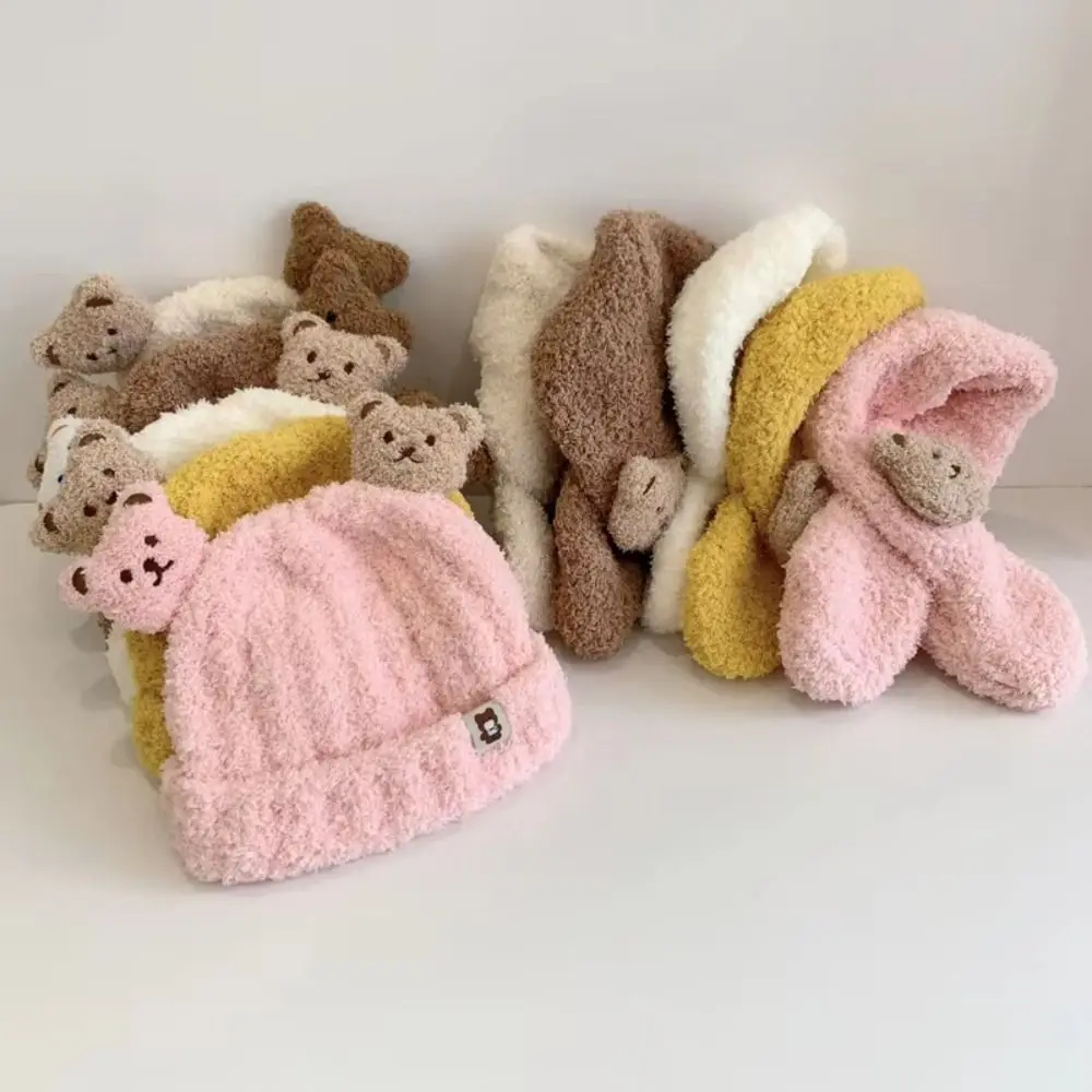

Comfortable Korean Style Baby Hat with Scarf Cartoon Keep Warm Bear Scarf Hat Set Soft Thickened Beanie Cap Outdoor