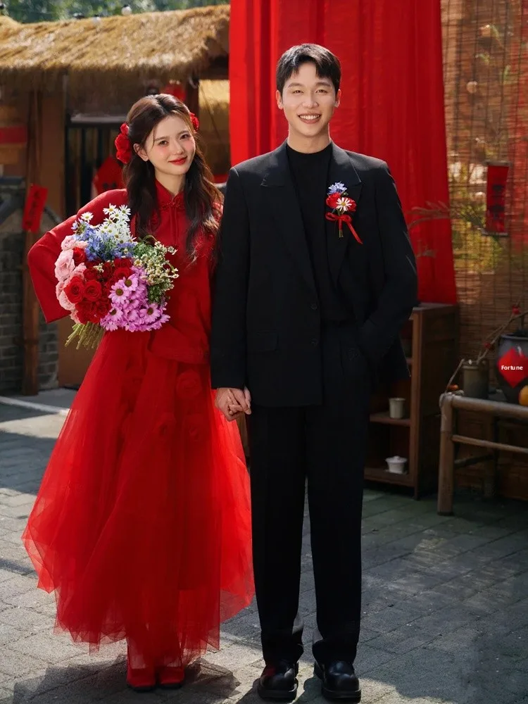 

Retro Chinese Style Wedding Robe Engagement Ceremony Dress Red Marriage Theme Photography Studio Costume Women's Fashion