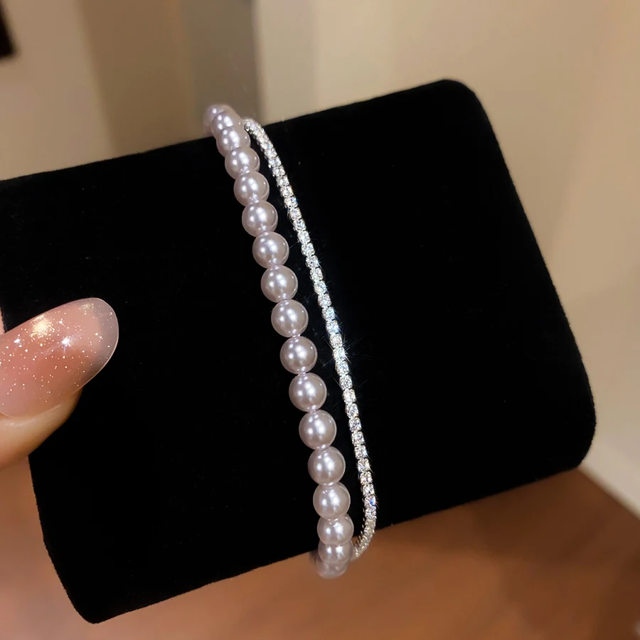 DREJEW Double Layer Design Round Imitation Bead Bracelet Sparkle Chain Dainty Stackable Elegant Style Jewelry for Women