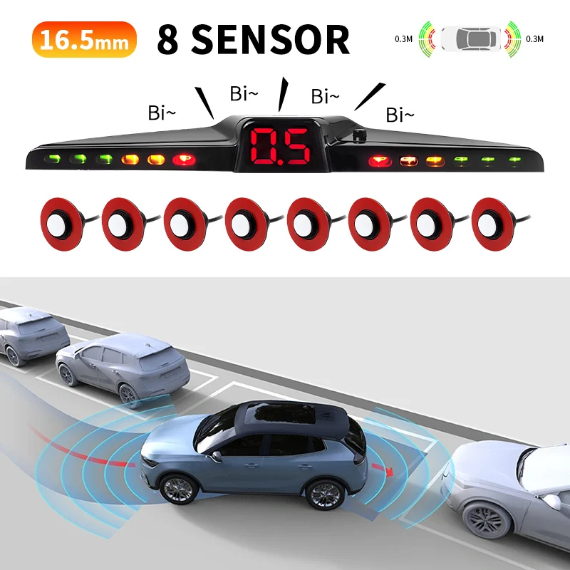 16.5mm 8 Sensor Parking Radar Kit with LED Distance Display & Beeping Alarm 12V Waterproof Reverse Sensor for SUV MPV Van