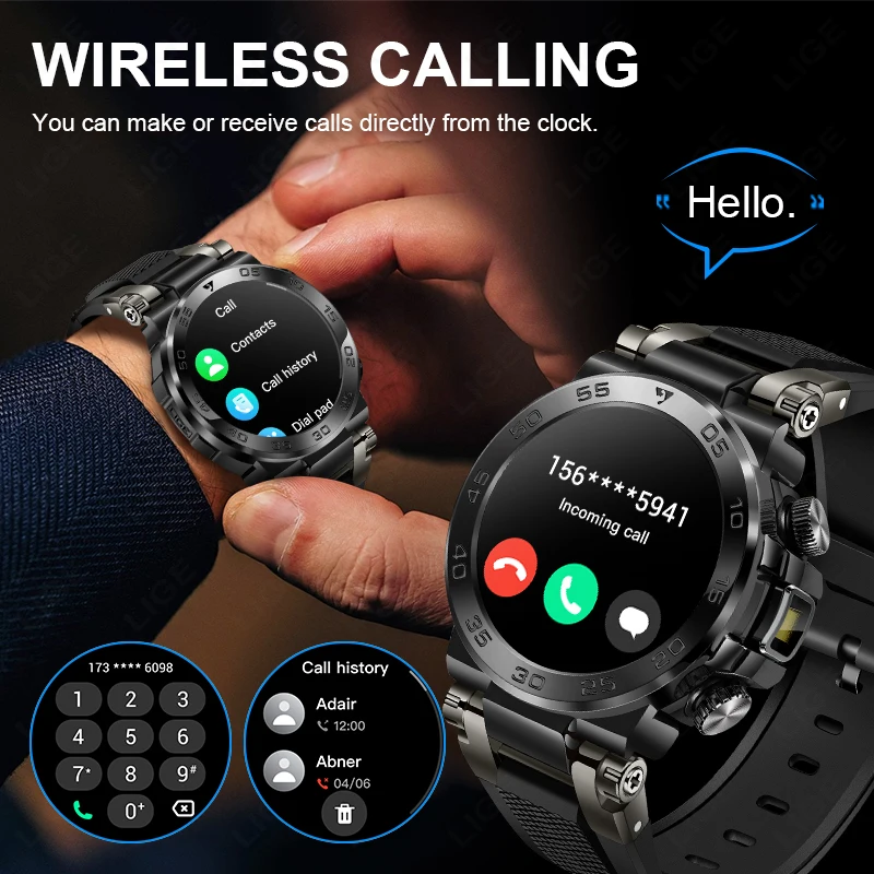 LIGE Rugged Military Smart Watch Men LED Flashlight Outdoor Sport Watches Heart Rate Health Waterproof Bluetooth Call Smartwatch