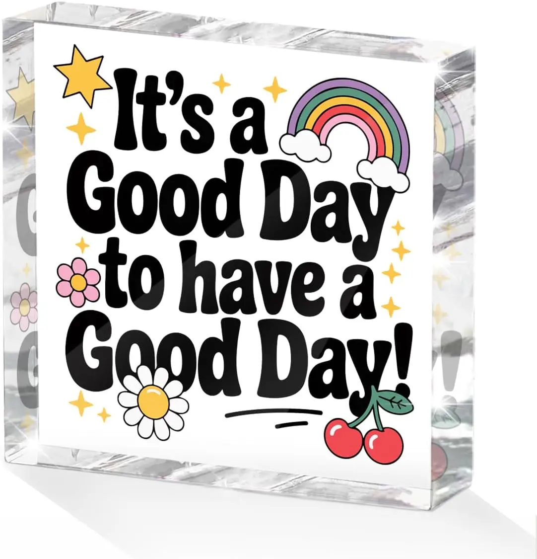 Positive Desk Decor Acrylic Sign 4X4 Inch, Rainbow Cherry Flower Desk Decorative Signs for Shelf Tabletop Cubicle Room Office