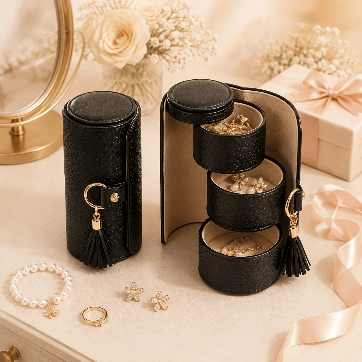 Travel Jewelry Organizer, 3 Tier Roll Up Design, Hard Shell Storage Stepped Sections Compartments Keep Jewelry Visible