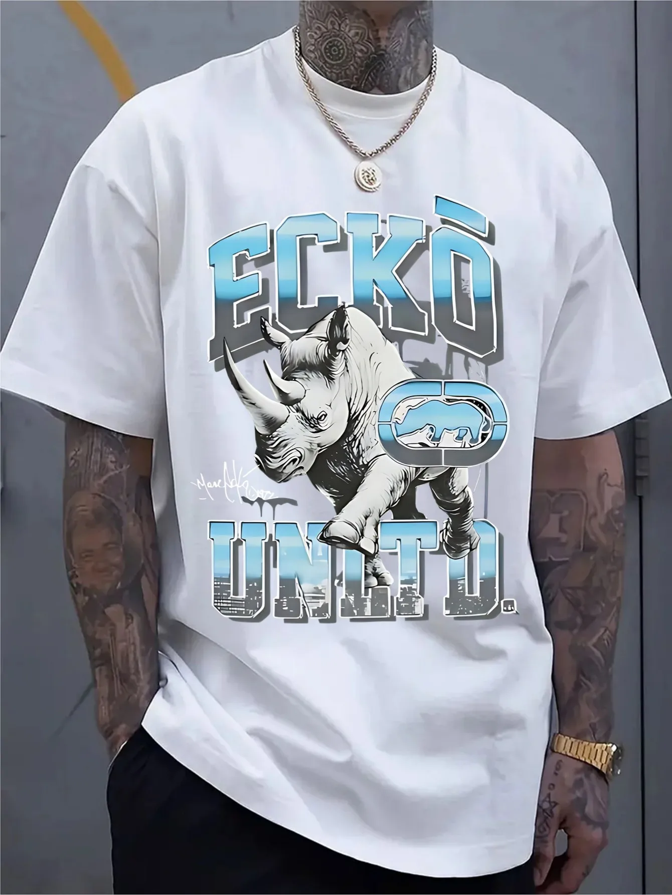 Rhino Graphic Tee for Men 100% Cotton Breathable Casual Summer T-Shirt with Retro Animal Print