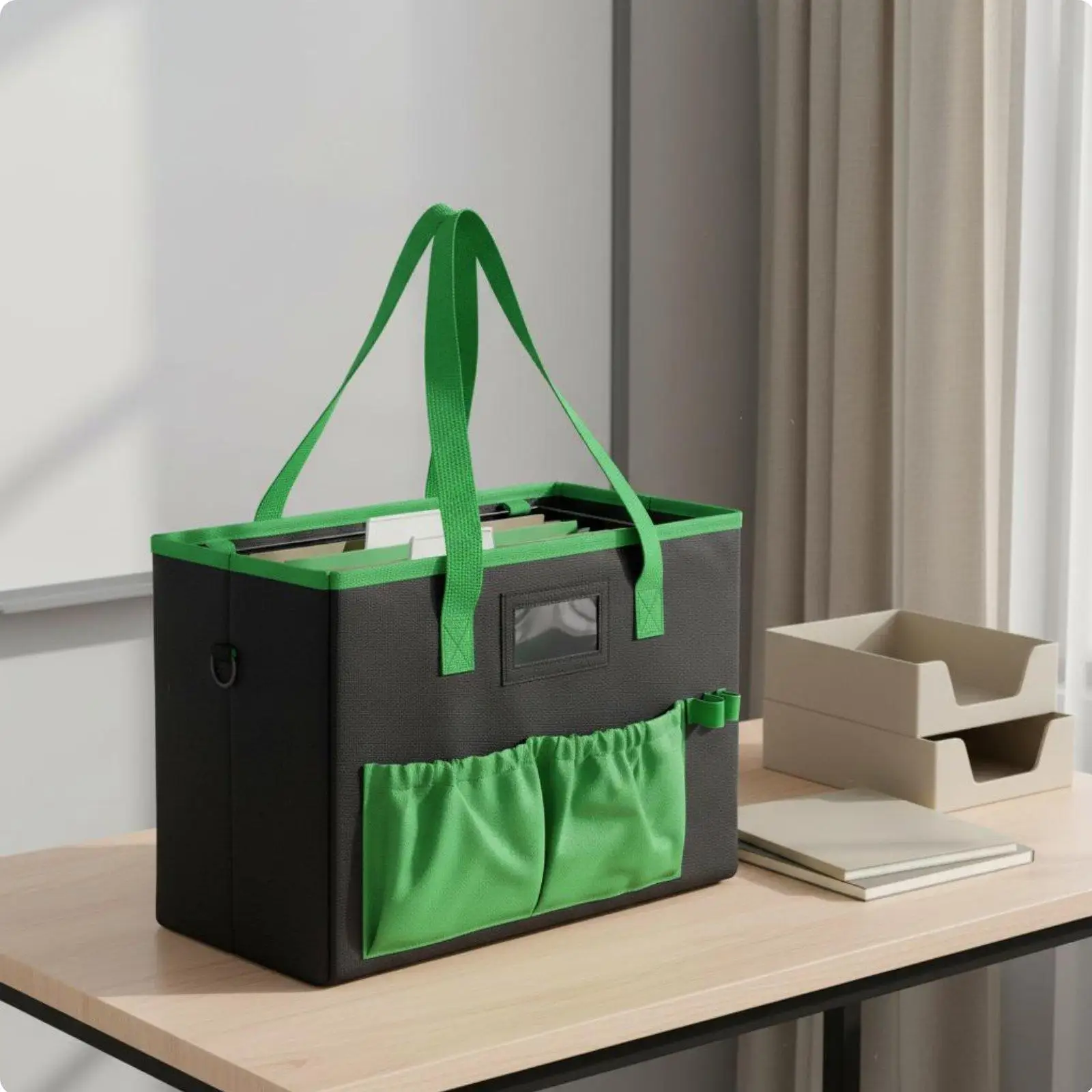 Foldable File Folder Tote Multi-Pocket Teacher Utility Tote Label Window