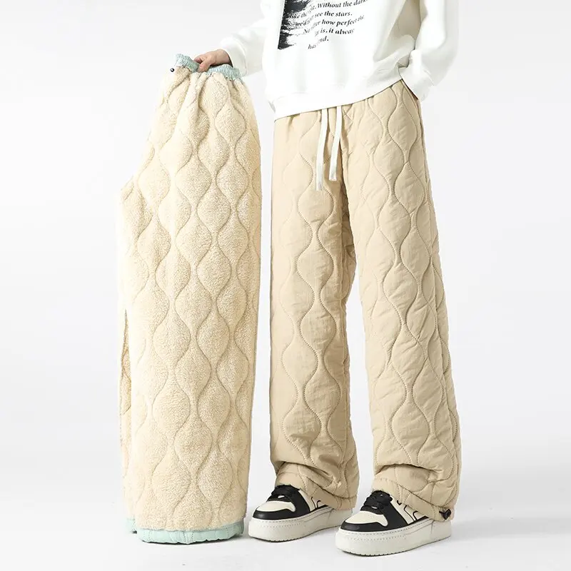 Winter New Fashionable Solid Color Thick Warm Cotton Pants with Velvet for Men's Casual Loose Sport Windproof Large Size Pants