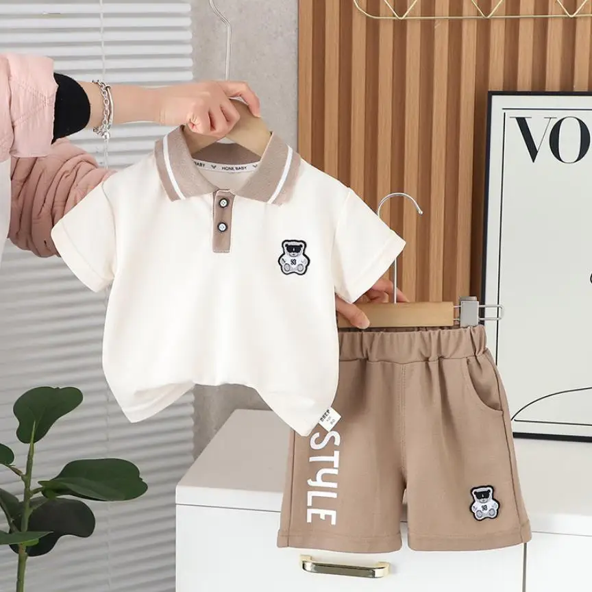

Korean Style Tracksuits for Kids Boys Summer Sets Cartoon Bear Turn-down Collar T-shirts And Shorts Baby Outfits Infant Clothing