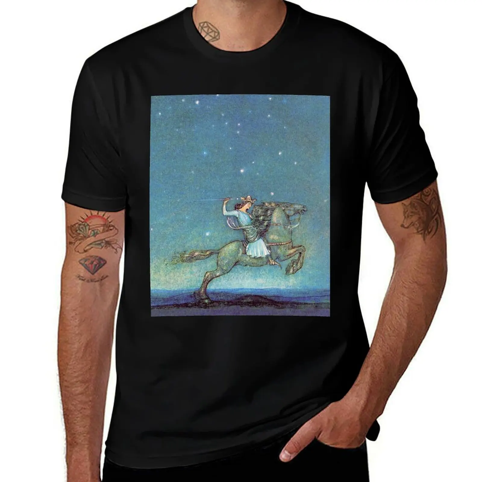 Riding in the Moonlight - John Bauer T-Shirt Sports Casual Short Sleeve Cotton Tee T-Shirt