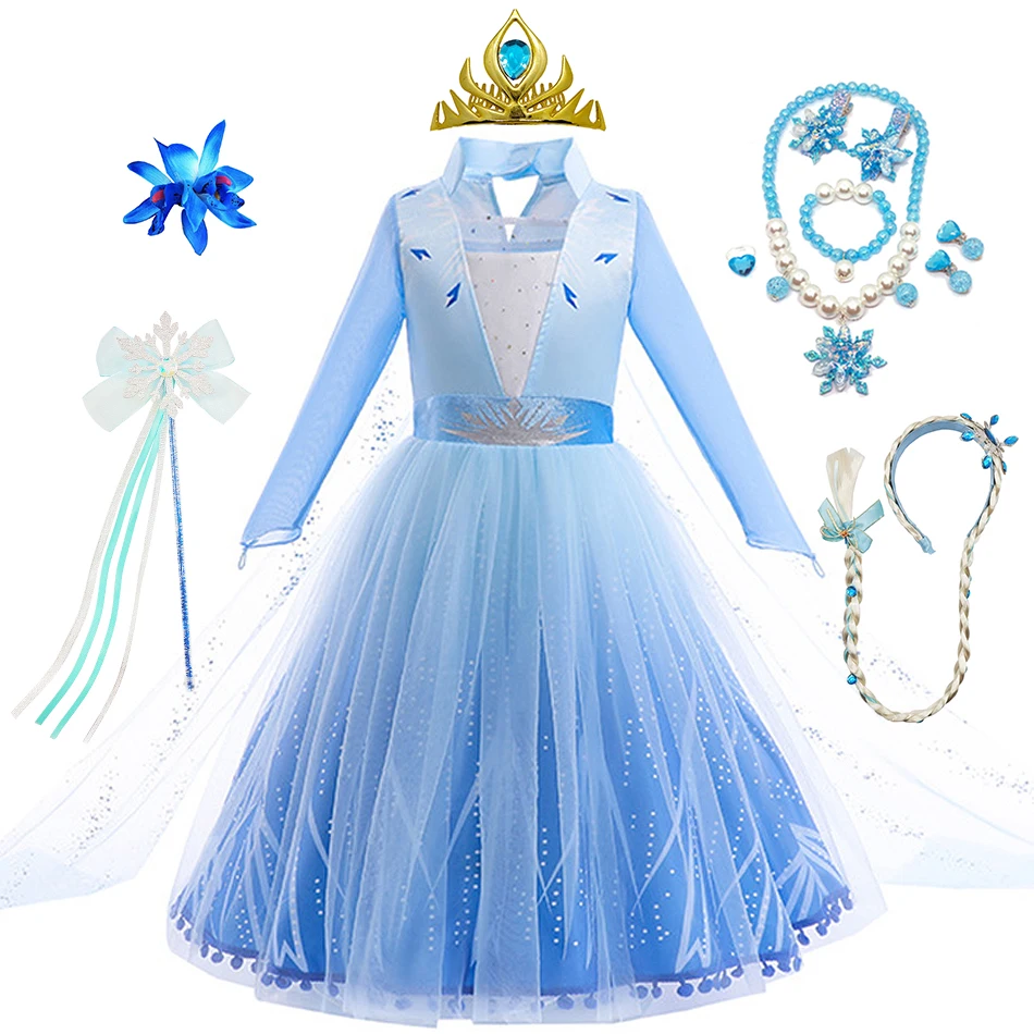 Elsa Snow Queen Long Sleeves Princess Dress Girls Stage Performance Clothes Kids Halloween Xmas Holiday Birthday Party Outfits