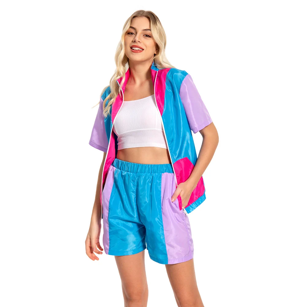 Women Retro 80s Cosplay Costume Girls Multicolor Short Sleeve Jacket Coat Shorts Sportwear Halloween Carnival Party Suit