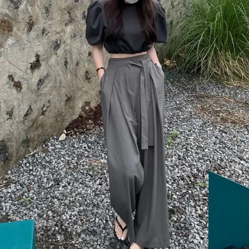 2025 Draped Lace-up Wide-leg Pants for Women in Spring and Autumn High-waisted Straight-leg Pants Loose Casual Pants Long