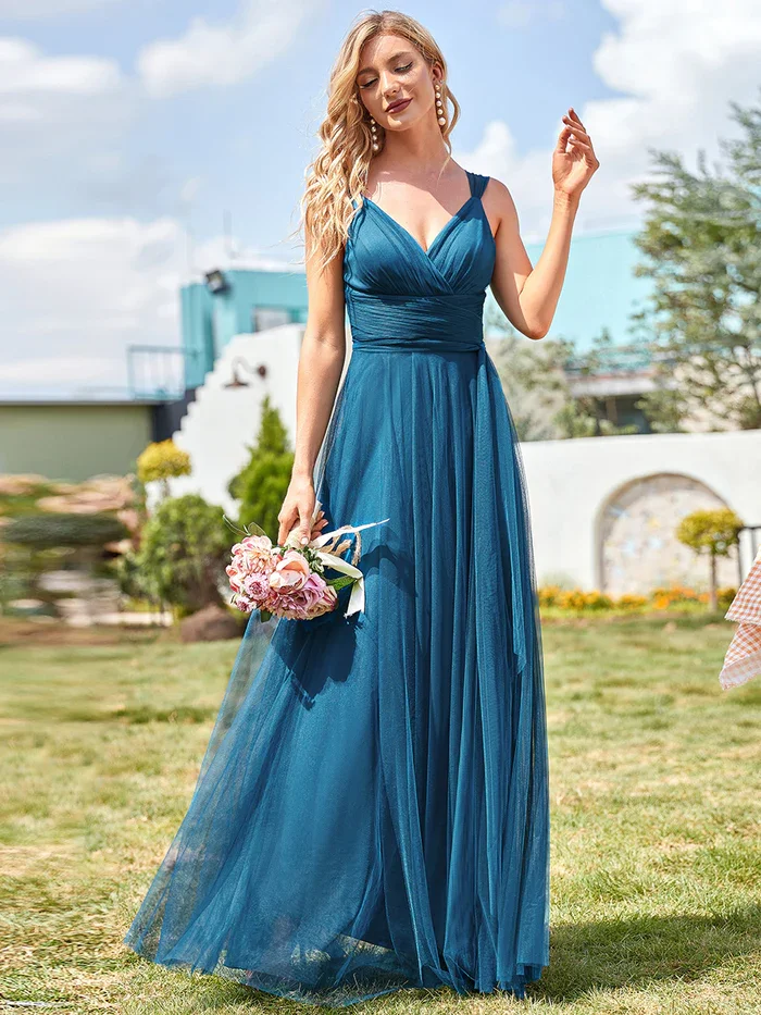 

Elegant Bridesmaid Dress Adorable A Line deep V-neck Sleeveless Tulle Bridesmaid Dresses With Belt