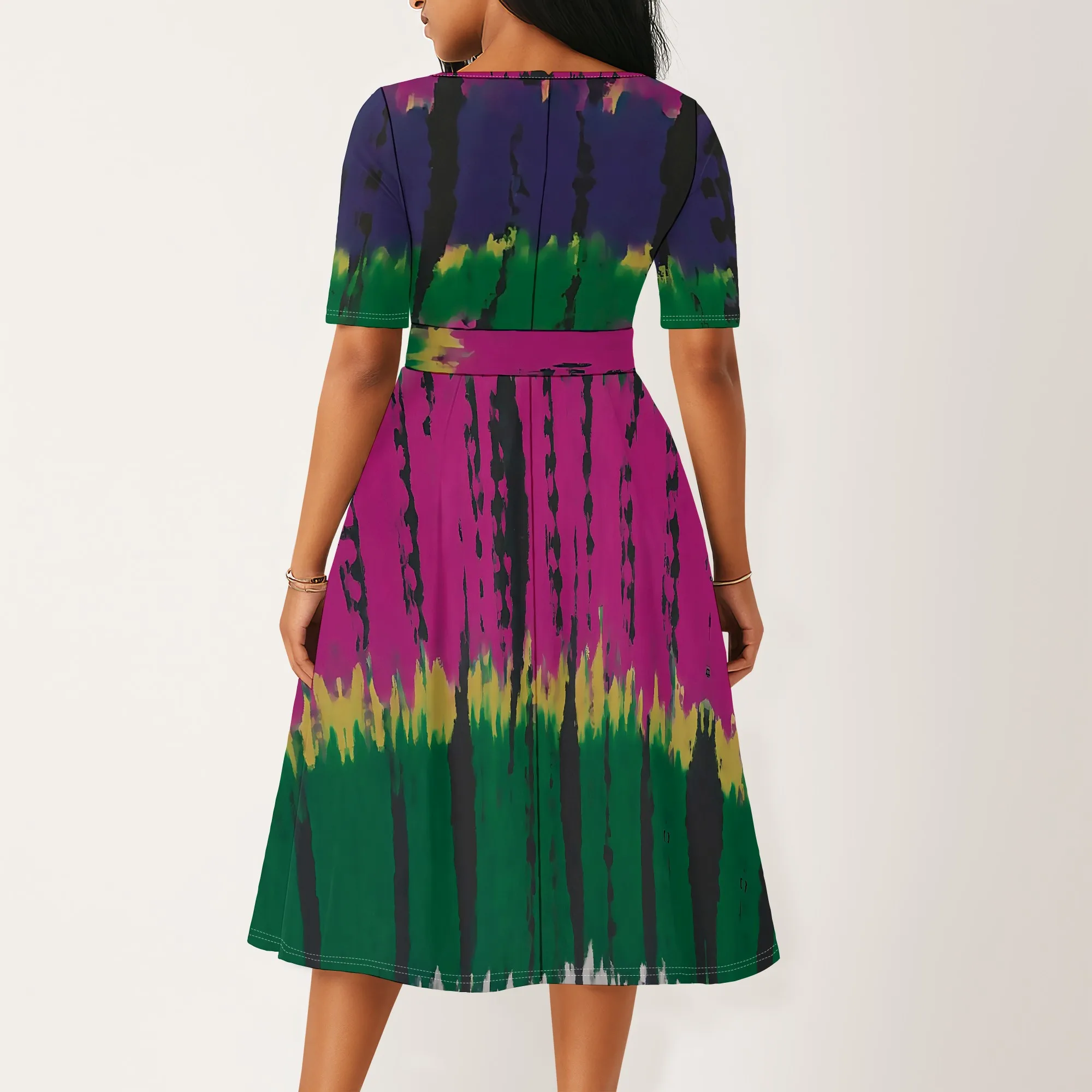 

Color Block Midi Dress for Women 2025 Ethnic Style Belted Waist Casual Church Party Dress Short Sleeve XS-3XL