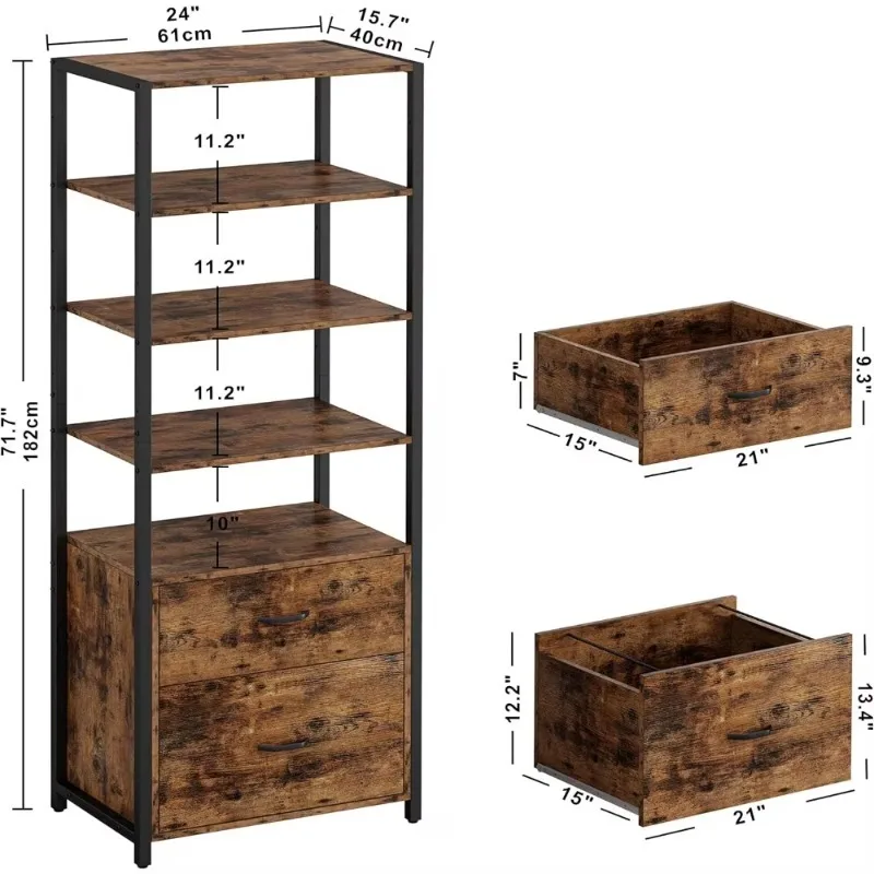 

Industrial Bookcase w/File Cabinet Drawers, 71.6 in Tall Bookshelf 5 Tier, Storage Home Office Cabinet, Rustic Home Decor