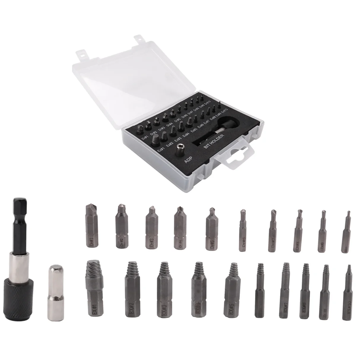 Juego de extractores de tornillos dañados, kit de extractores de tornillos pelados de 22 piezas, juego de extractores de tornillos rotos HSS con adaptador de broca y enchufe