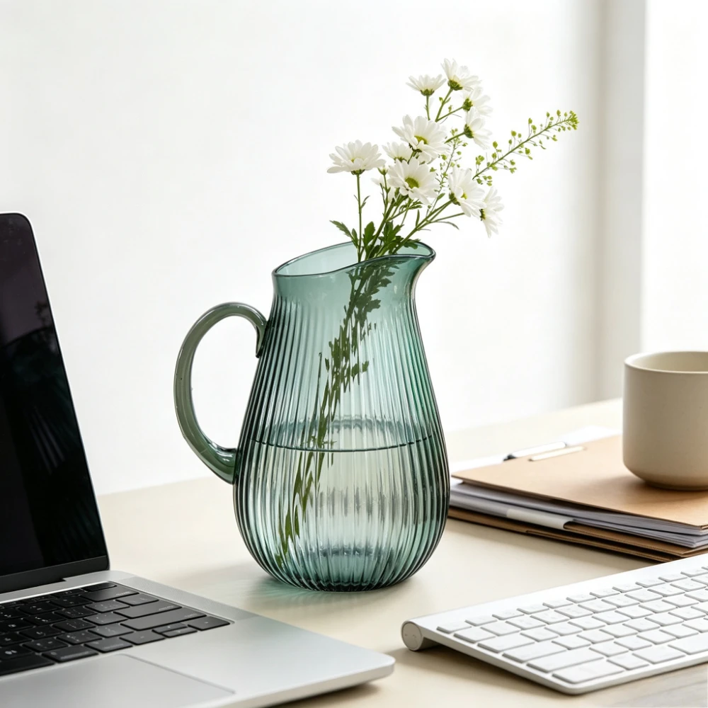 Vertical Striped Glass Pitcher Vase with Handle Retro Transparent Flower Vase Living Room Bedroom Home Tabletop Ornament