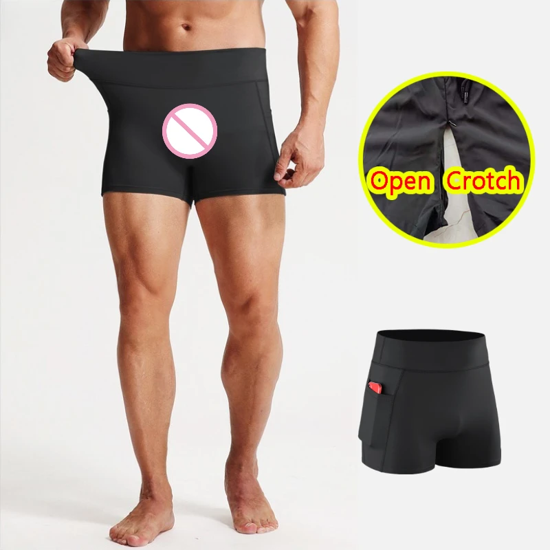 

Men's Open Crotch Sexy Exercise Shorts High Rise Gym Mini Leggings with Pockets Breathable Sportwear Elastic Crotchless Pants