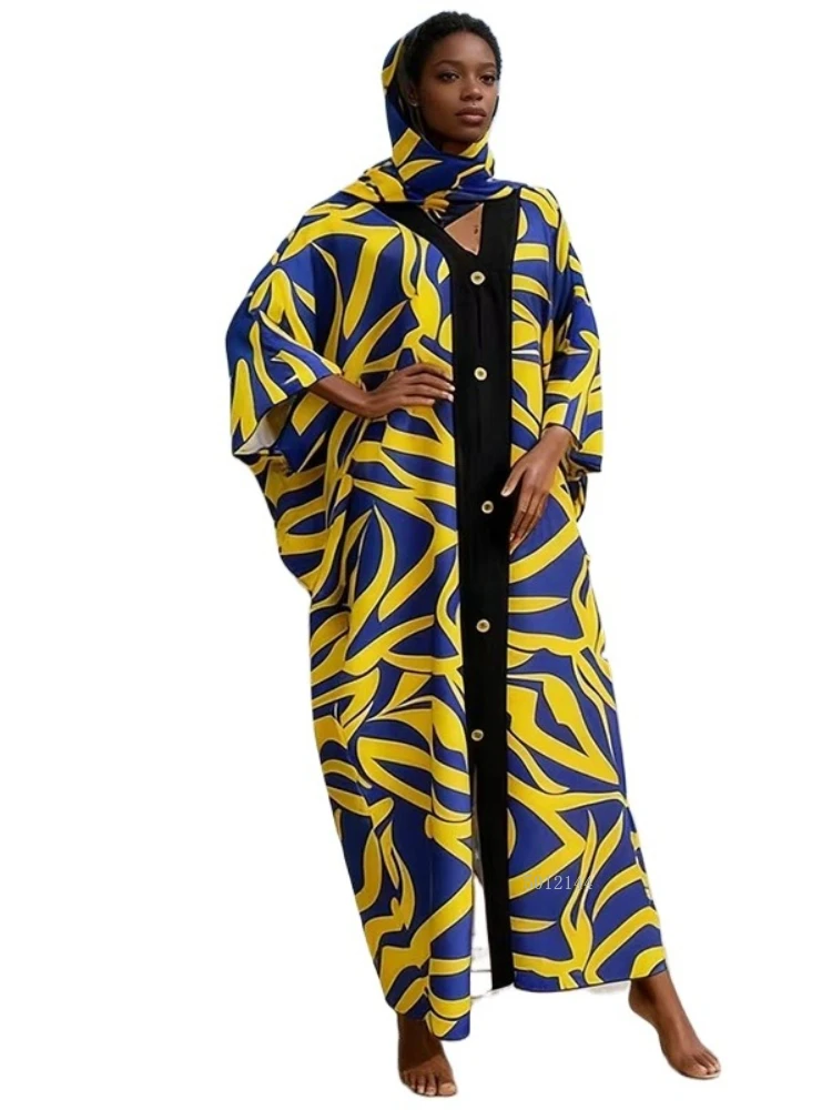 

2026 Новое хлопковое пляжное платье с принтом, африканское женское модное платье большого размера с принтом + платок, африканская женская одежда