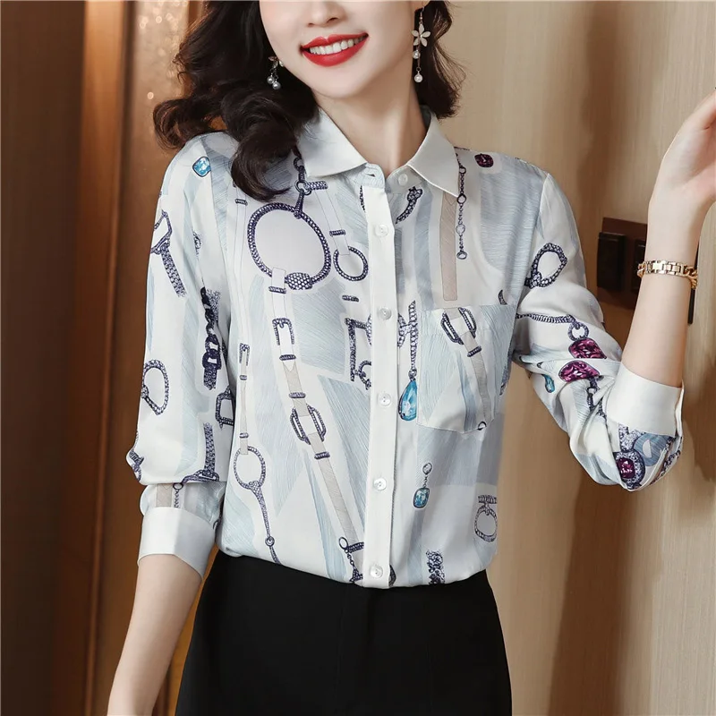 Women Clothing Chic Printed Loose Elegant Shirt Office Lady Fashion Casual Simple Pocket Mulberry Silk Blouse Spring Button Tops