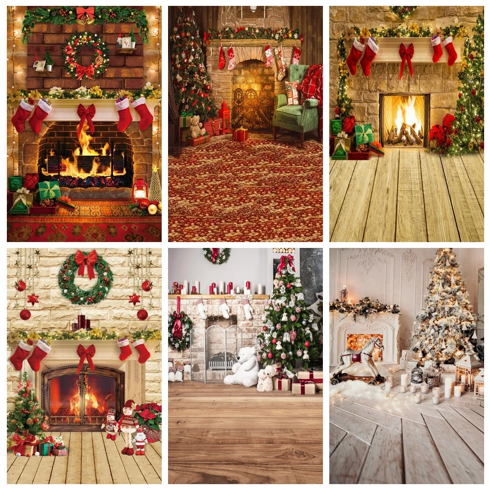 

Christmas Fireplace Backdrop for Photography Winter Xmas Tree Gift Wood Board Buring Flame Baby Portrait Background Photo Studio
