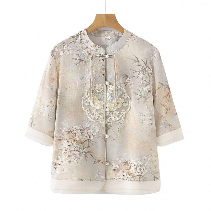 

Новое китайское летнее платье среднего возраста, модная рубашка для мам среднего размера, женский топ с короткими рукавами в национальном стиле