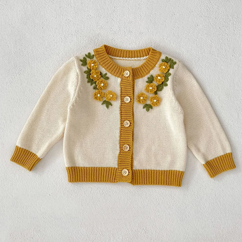 Autumn Winter Newborn Baby Girls Knitting Clothing Set Floral Embroidery Cardigan+Jumpsuit Infant Baby Knitted Clothes Suit