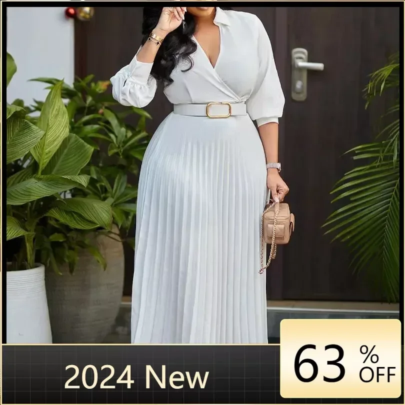 

Plus Size Spring New Solid Color Matching Belt V-Neck 3/4 Sleeves Fashion Commuting Slim Fit Mid Length Elegant Style Dress