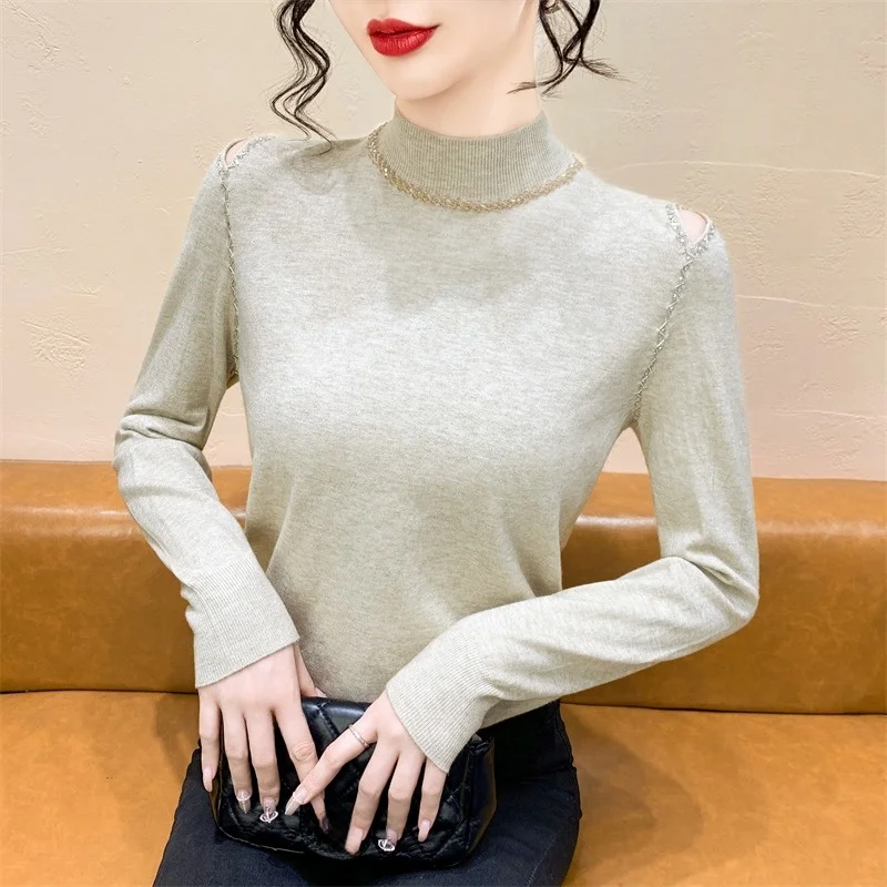 ヘビーウェイト オールダーベアリング ハイカラー ニットセーター レディース スリムフィット ロングスリーブ ベースレイヤー トップス 秋冬用