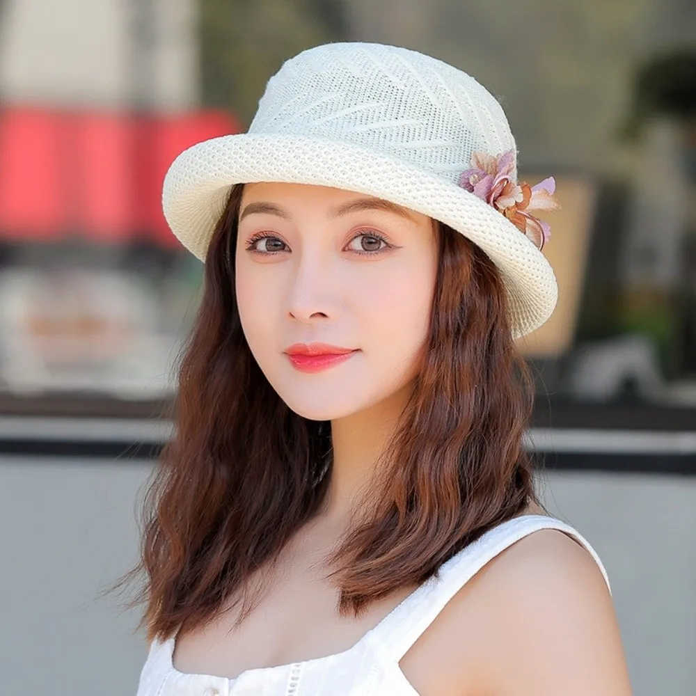 

New Breathable Straw Bucket Hats Dome with Butterfly Knot Flower Sunshade Cap Woven Basket Hat for Women