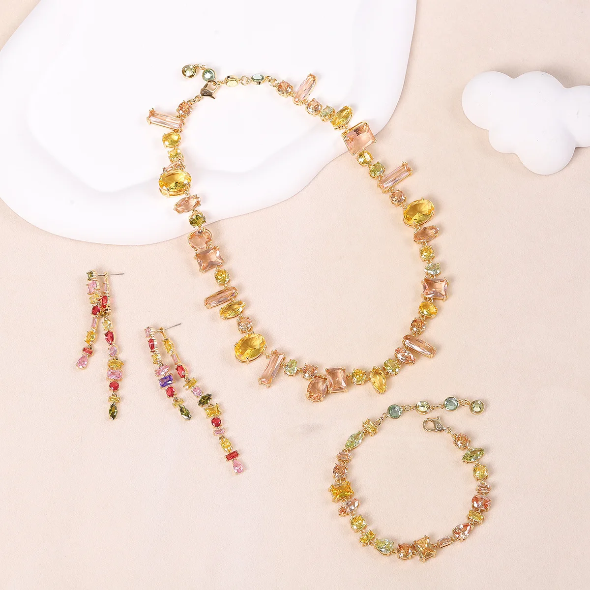 

High Quality Women Austria Green Crystal Colorful Gemstone Beaded Necklace Earrings Bracelet