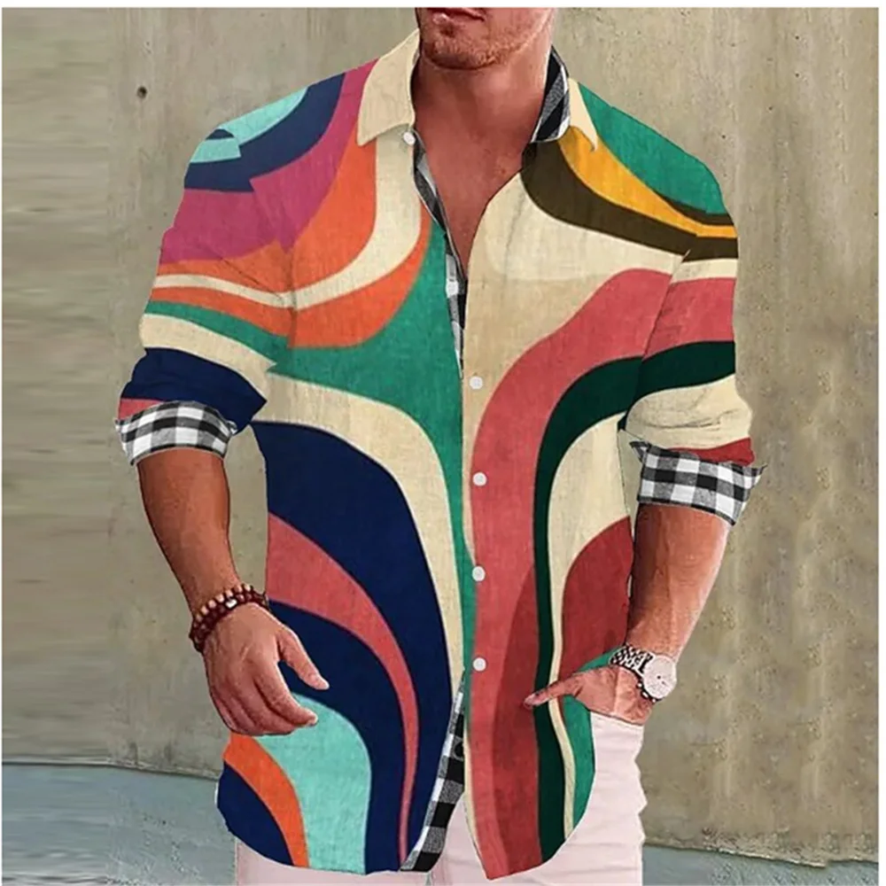 Camisa de manga larga con estampado 3D para hombre, camisa de solapa con patrón cuadrado, top informal de moda para fiesta y club, tela cómoda y