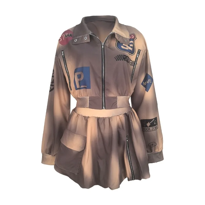 المرأة الخريف 2 قطعة مجموعة رسالة التعادل صبغ طباعة سحاب أكمام طويلة جاكيتات علوية + جيوب البضائع التنانير الصغيرة موضة الشارع الشهير البدلة