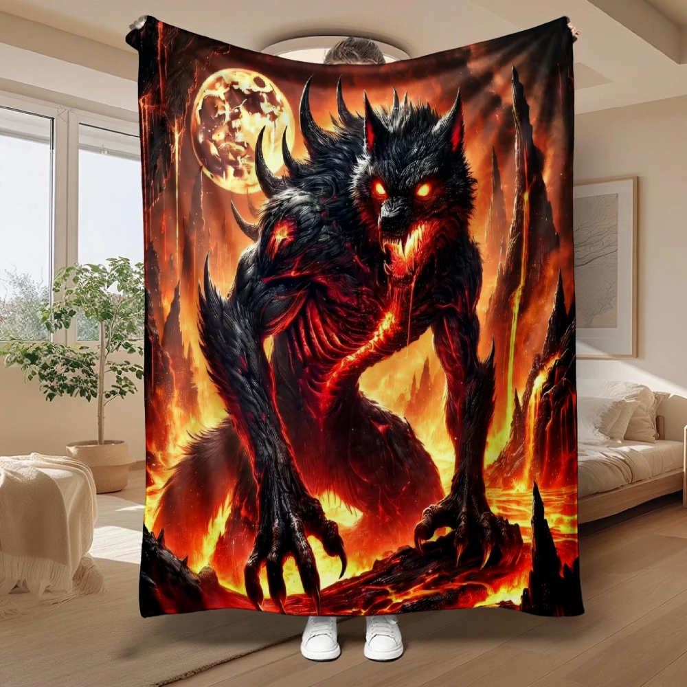 Scary Demon Wolf Fire Moon Gothic Throw Blanket Large Fleece Bedspread Horror Monster Halloween Home Decor Gift