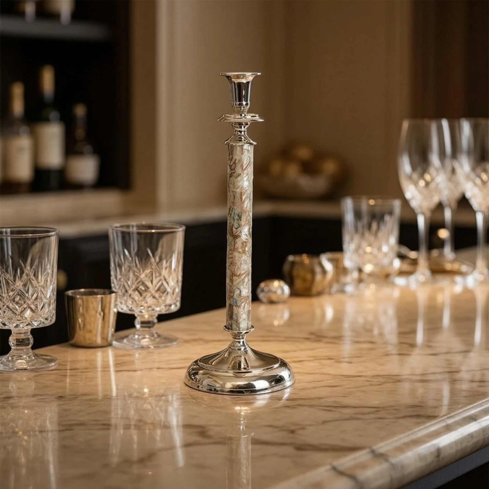 Candlestick with Shell Inlay Decorative Silver Candlestick Candle Holder Reflective Candles Shiny for Table, Bar