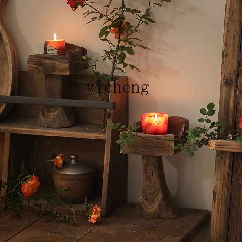 ZYA Vintage Distressed Candle Holder Ornament Wabi-Sabi Style Homestay Wooden Solid Wood Craft Decoration