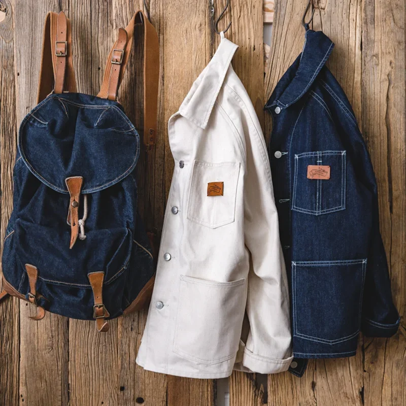 

Vintage White Jeans Jacket Retro Work Wear Brand Fashion Coat for Men 13.5 Oz Jeans Coats Pockets Classic Design Natural