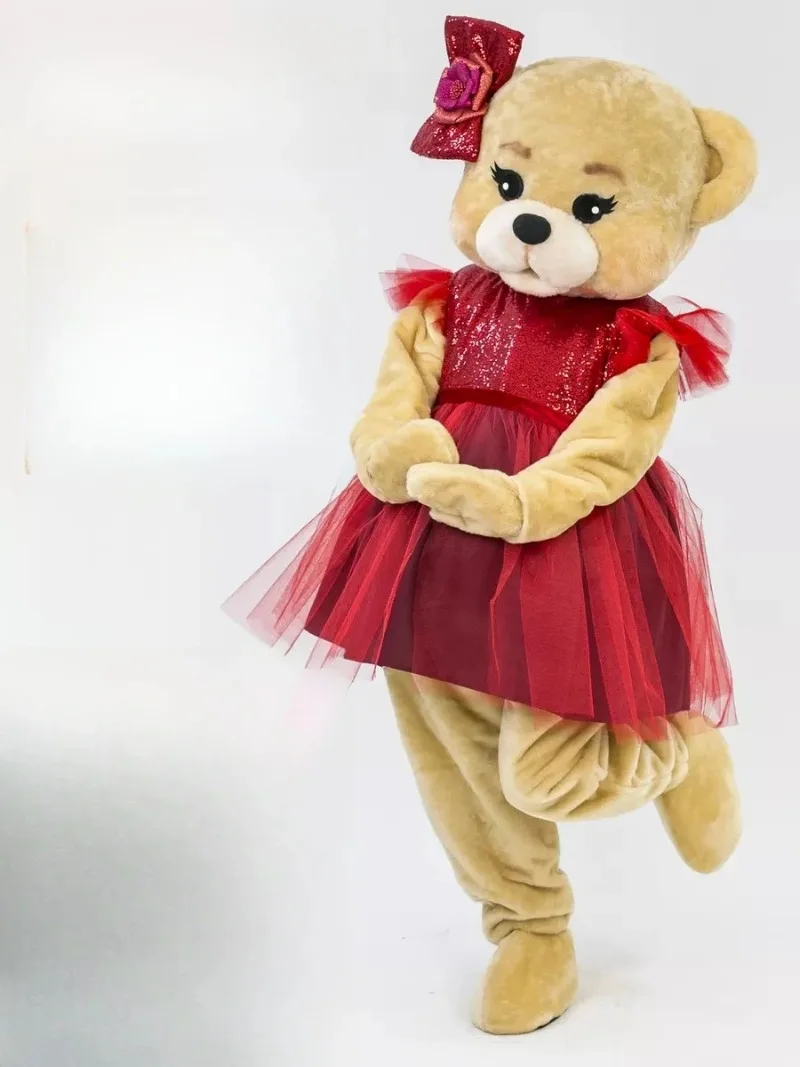 เสื้อผ้าเส้นด้ายสีแดงหมีสีน้ำตาลมาสค็อตเครื่องแต่งกายการโฆษณาการ์ตูนเสื้อผ้าฮาโลวีนคาร์นิวัลชุดแฟนซีปาร์ตี้