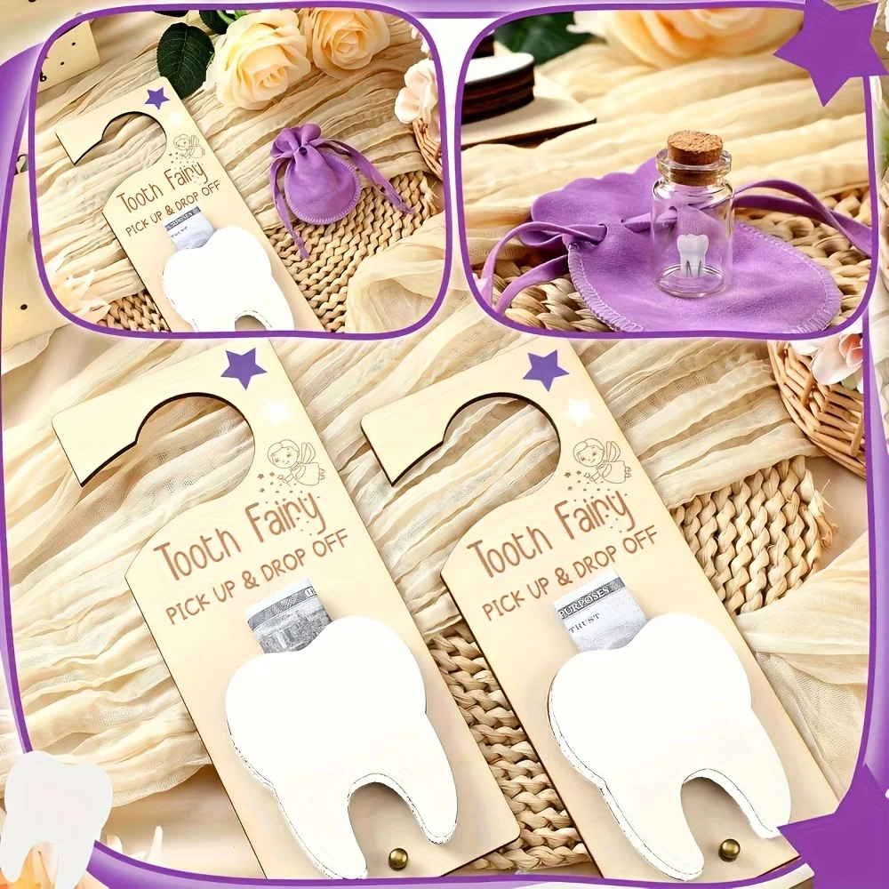 Tooth Fairy Door Sign Decoration, Baby Tooth Keepsake Box Set (Includes Wooden Tooth Pendant, Glass Bottle, Storage Bag), Suitable as a Gift for the Tooth Replacement Period and Birthday Parties
