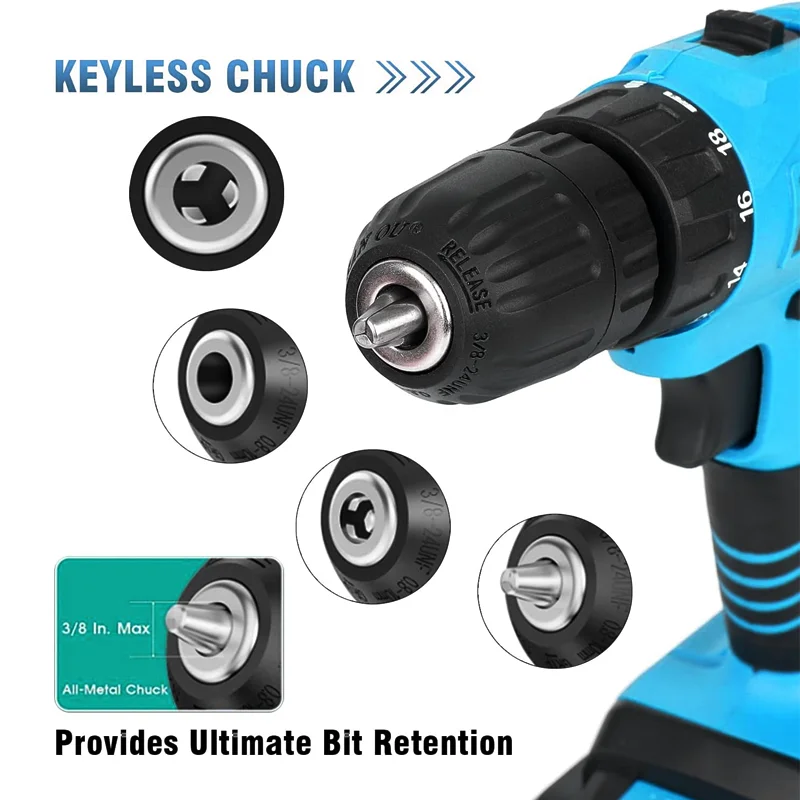 36VF boorcombinatieset, 1 batterijen en een snellader en draagbare behuizing met werklampen