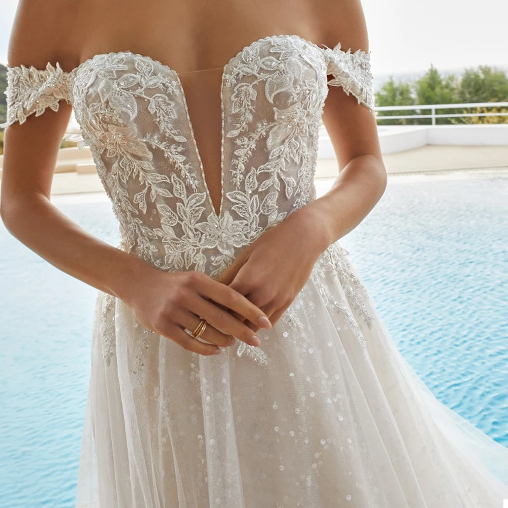 Customized Off Shoulder Sleeves Wedding Dresses V Neck Zipper Back Bridal Growns Applique Lace Floor Length New Vestido de novia