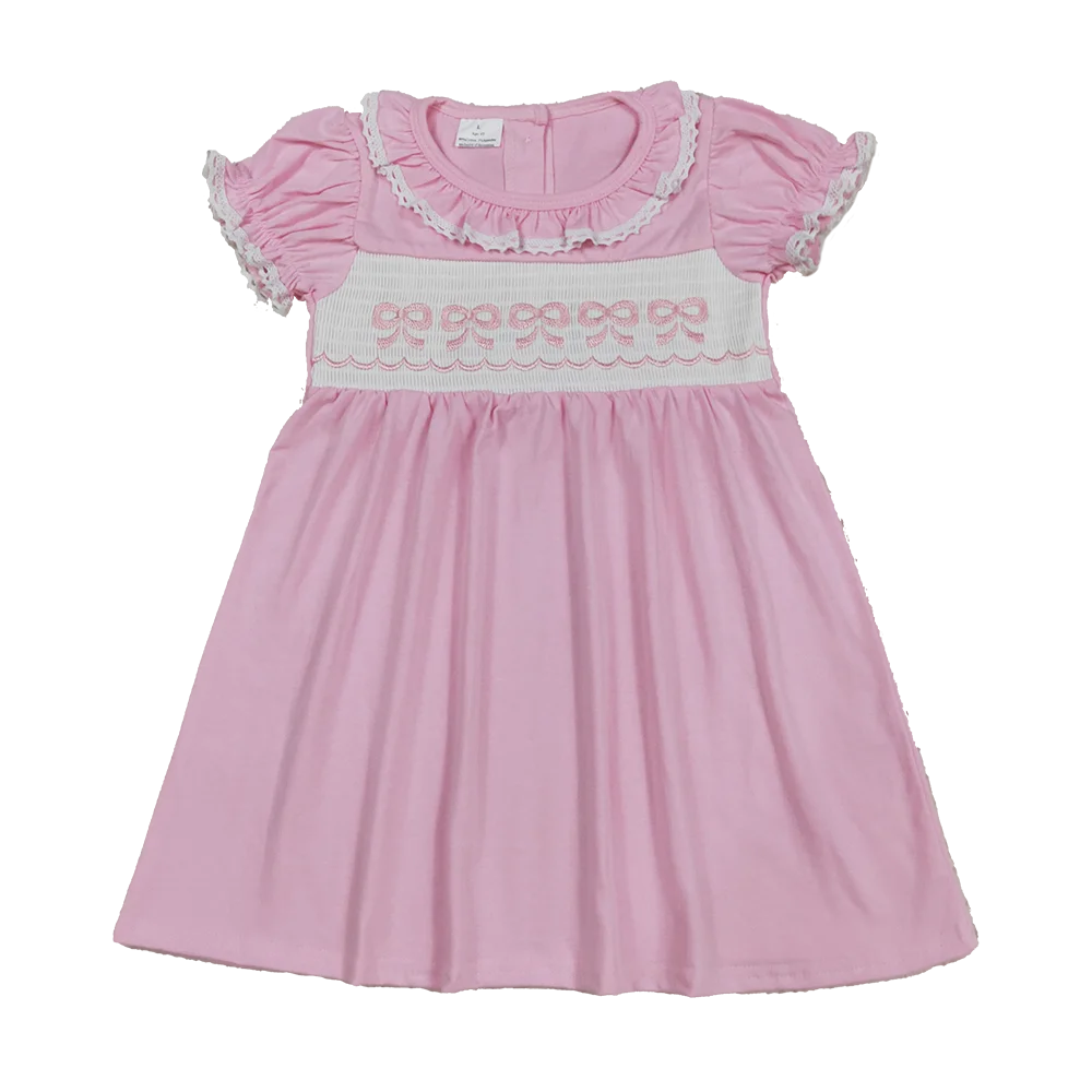 

9.19 Wholesale Hot Sale western boutique kids children Smocked Embroidery Baby Girls Ruffle Sleeves Bows Knee Length Dresses