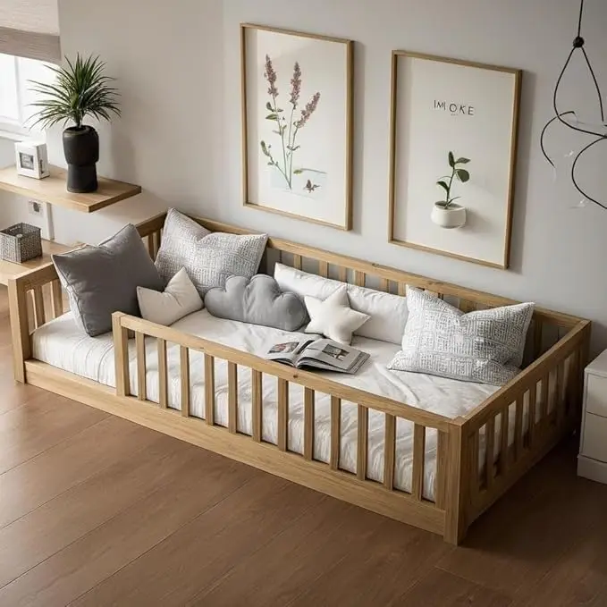 Montessori Toddler Floor Bed with Wood Slats for Girls and Boys, Wood Montessori Bed Frame with Safety Guardrails, No Box Spring