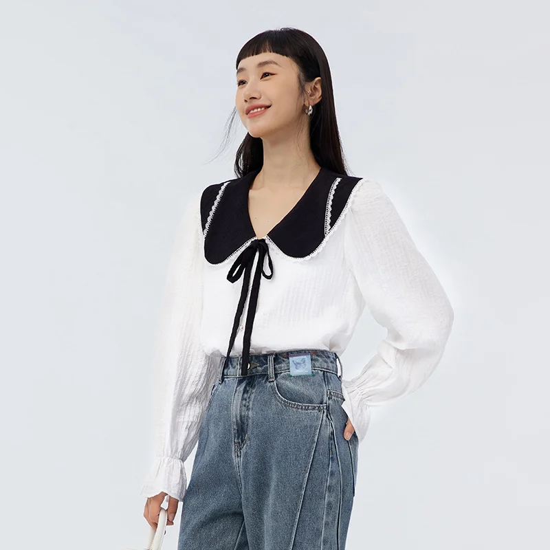 Semir Long Sleeve Blouse Women Contrast Color Gentle Sweet Style 2023 Spring New Style Girl Feeling Large Lapel Texture Shirt