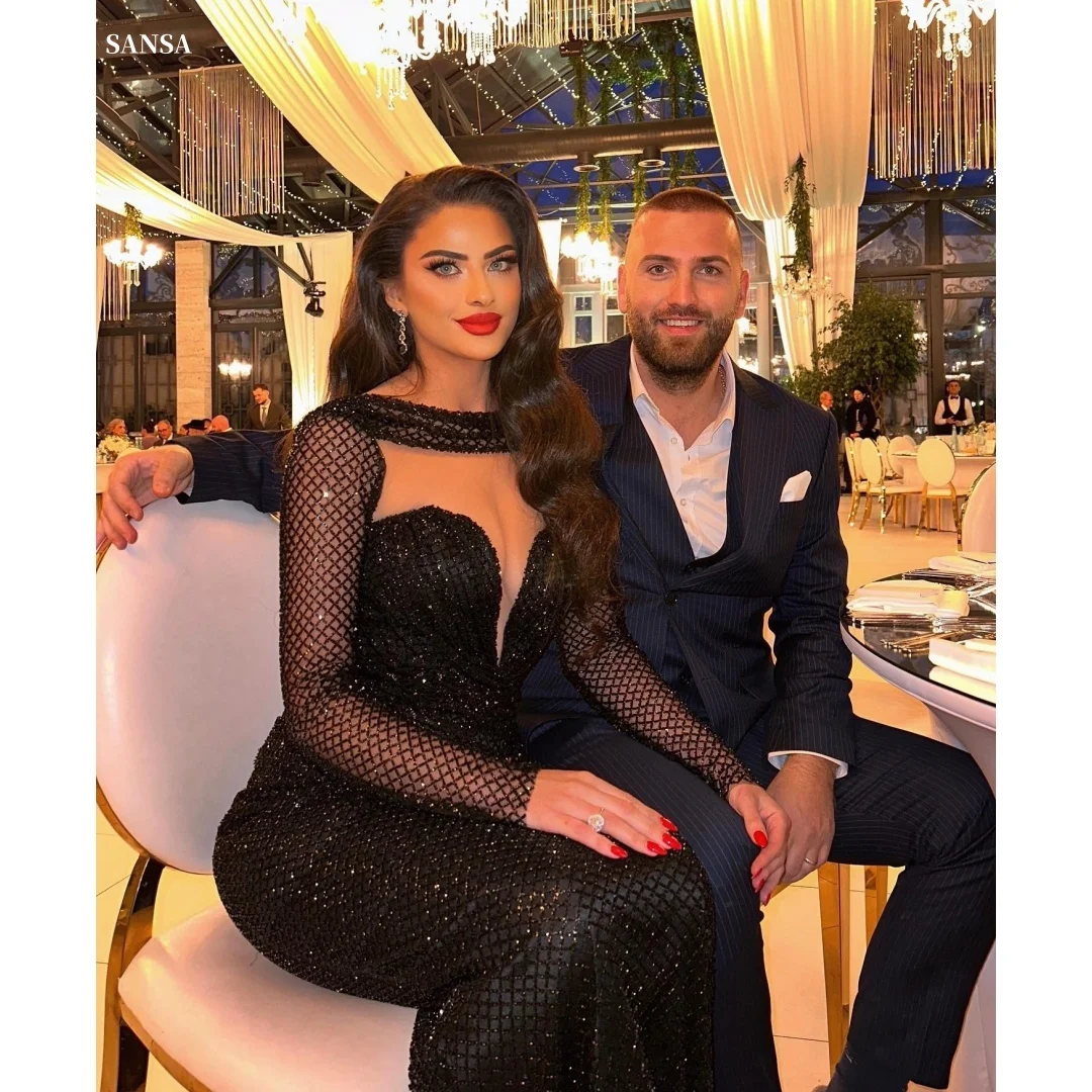 

Sansa Customized Black Mermaid Prom Dresses Sequin فساتين للمناسبات الخاصة Long Sleeves Floor-Length vestid