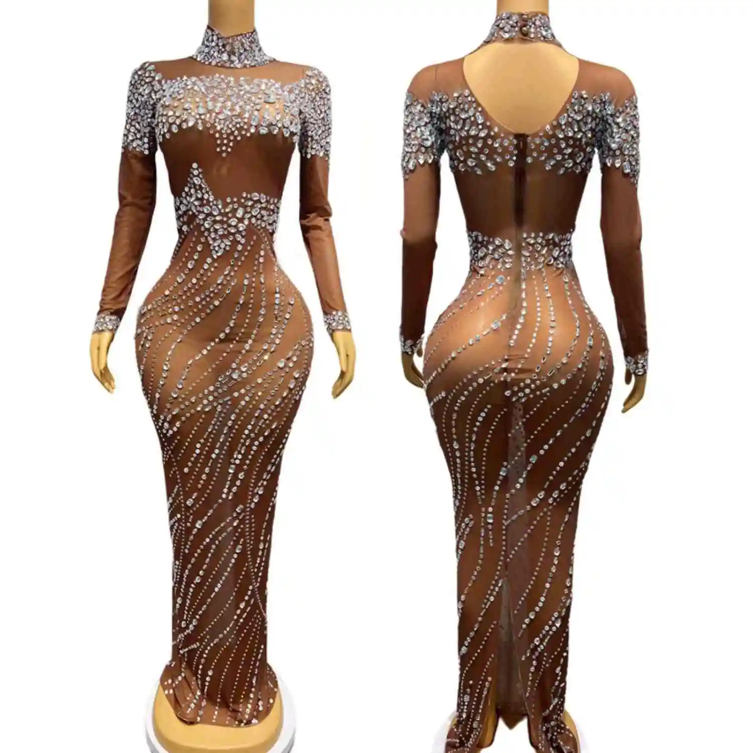 

Brown Mesh Sparkly Silver Rhinestone Evening Gown Birthday Party Festival Celebrate Prom Event Dress Women Sexy Couture liuxing