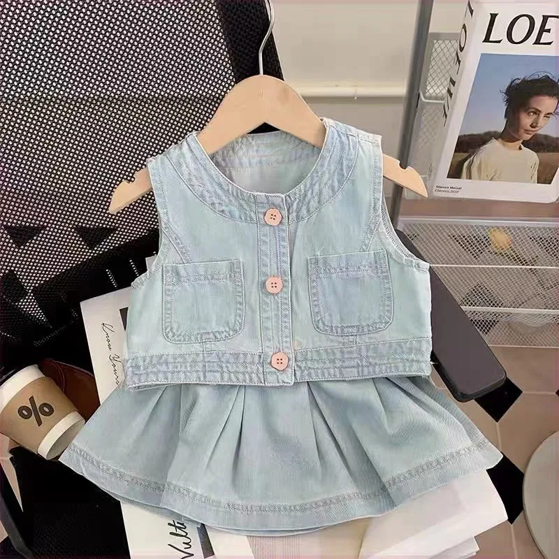 2026 Summer New Cute Little Girls Sleeveless Two-piece Set Fashion Girls Denim Vest + Skirts 2pcs Set Toddler Girl Outfits
