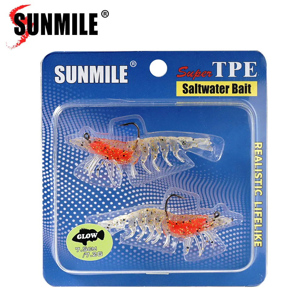 SUNMILE 2 Stück leuchtende Garnelen-Weichköder, Garnelen-Angelköder mit vormontierten Angelvorrichtungen für Wolfsbarsch-Zander, Süßwasser, Salzwasser